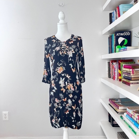 The Kooples Lace Up Black Butterfly Floral Print Dress size 3 - Picture 1 of 15